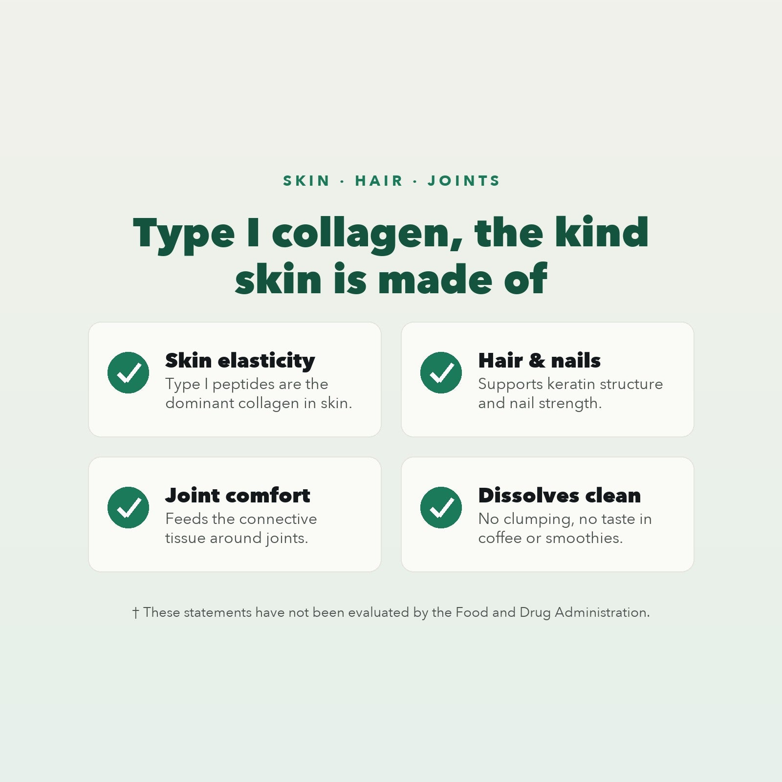Benefits: skin elasticity, hair and nails, joint comfort, dissolves clean