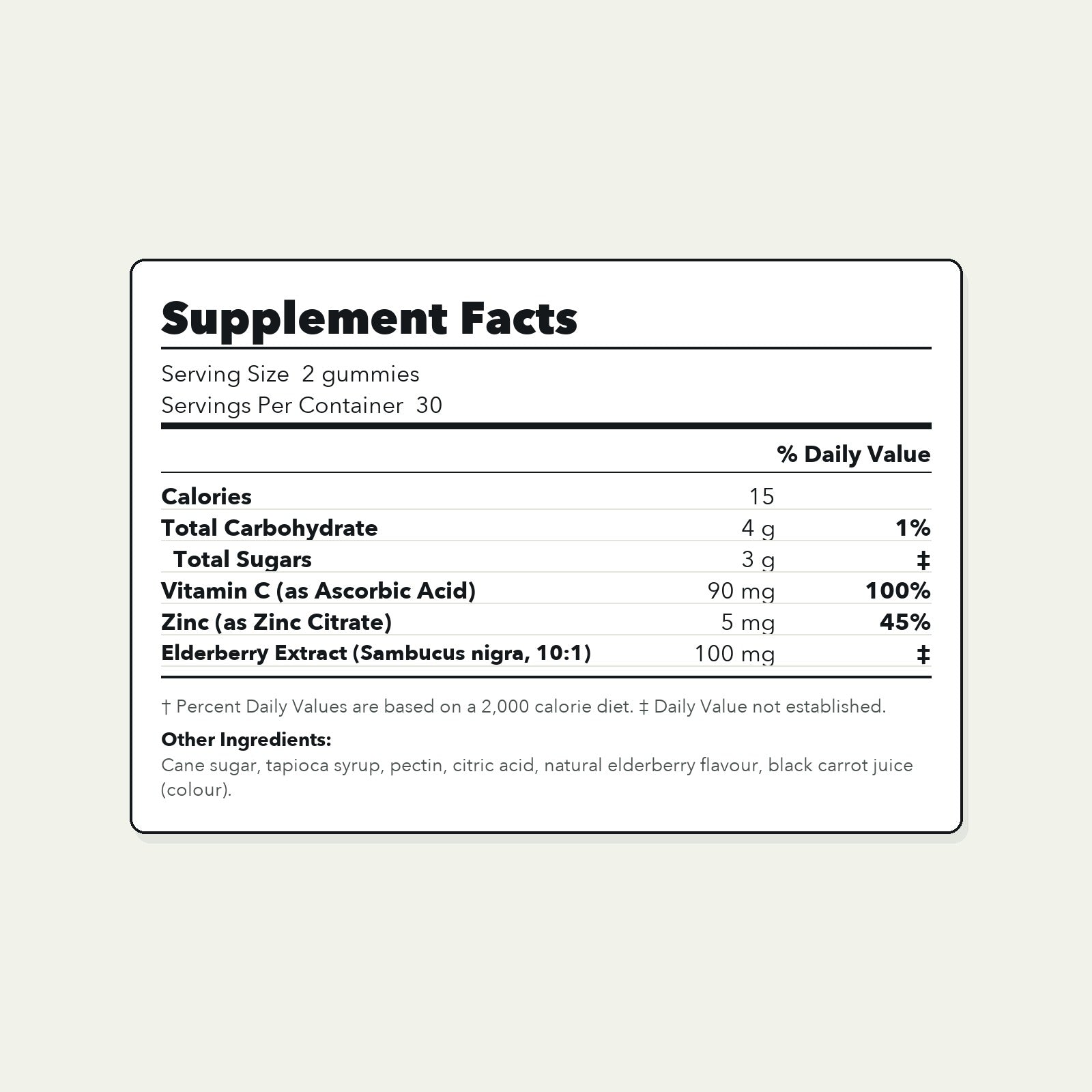 Supplement facts panel for AUVRA Elderberry + Zinc Immune Gummies