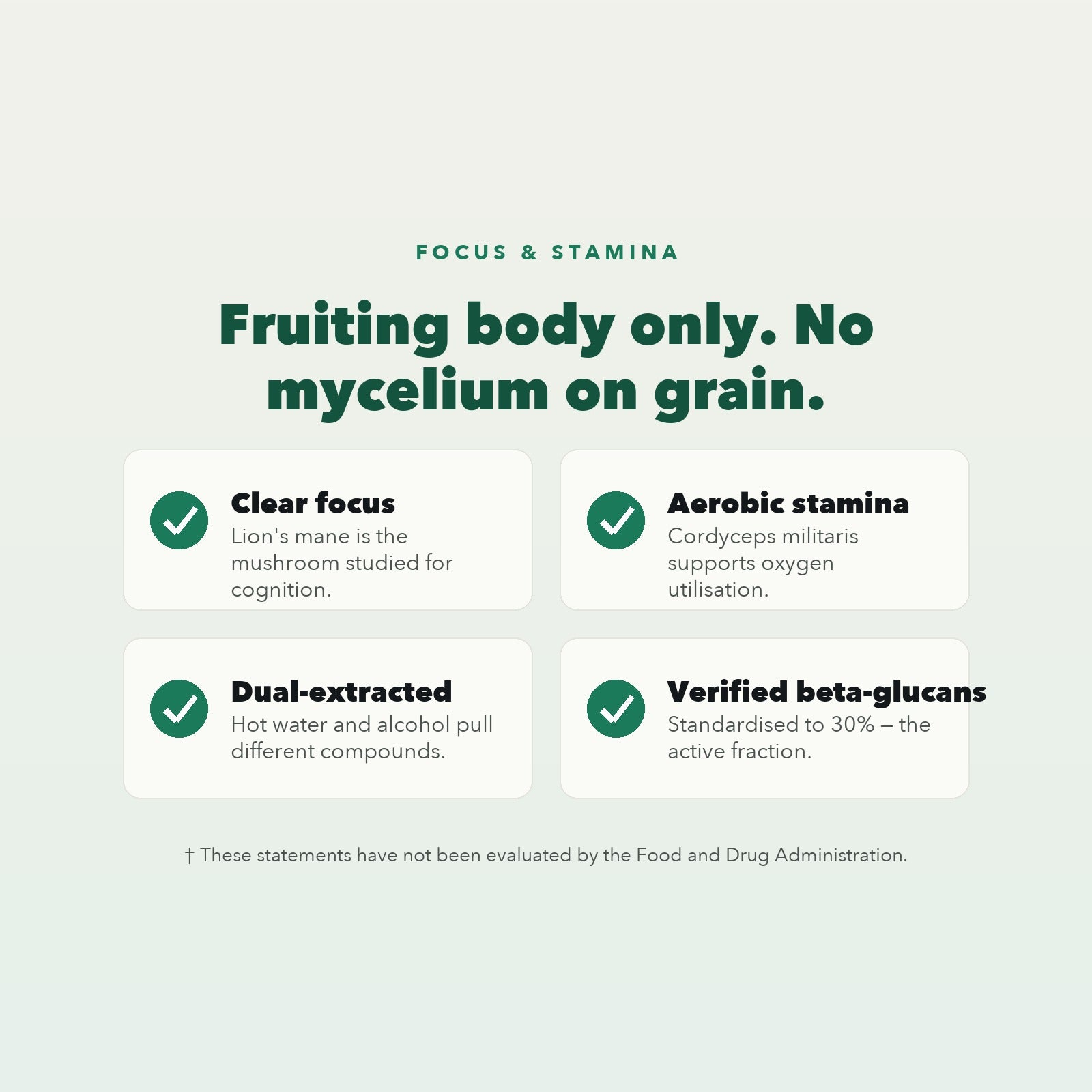 Benefits: clear focus, aerobic stamina, dual-extracted, verified beta-glucans