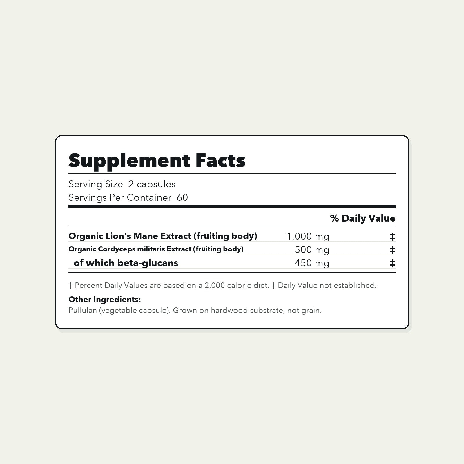 Supplement facts panel for AUVRA Lion's Mane & Cordyceps Complex