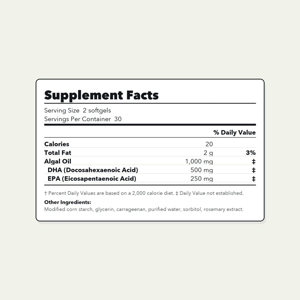 Supplement facts panel for AUVRA Omega-3 Algal Oil