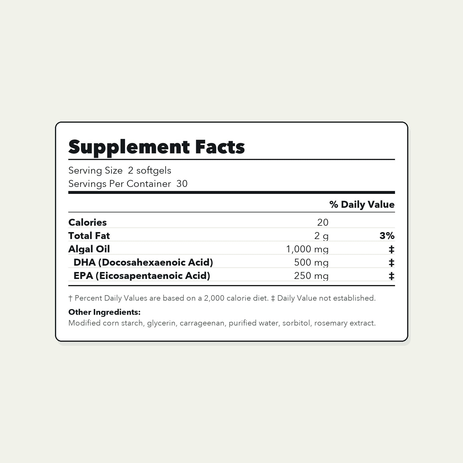 Supplement facts panel for AUVRA Omega-3 Algal Oil
